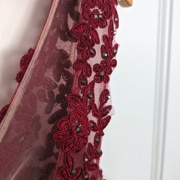 Faviana Lace Appliqued Long Mesh V-Neck Dress - Picture 4 of 11